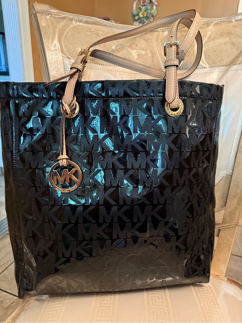 Michael Kors Black Glossy MK Logo Tote with Beige Leather Straps
